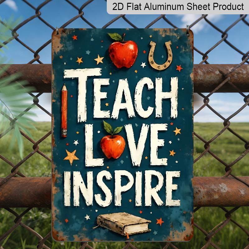 

2D Flat, Vintage Teach Love Inspire Metal Wall Decor - 7.87*11.8 Inch Educational Plaque with Books, Apples & Stars - Classroom, Home, Office 20*30cm