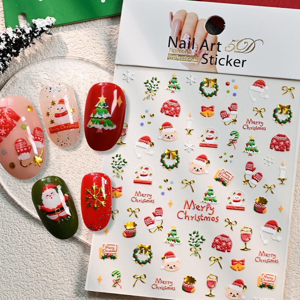 1PC 3D Luminous Colorful Light Christmas Nail Stickers Green Pine Branch/Red Bauble Star Nail Decals Adhesive Holiday Nail Decor