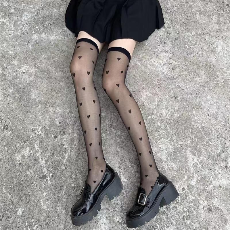 Koreanischer Lolita-Stil JK-Frauen, weiße und schwarze Schulstrümpfe, Mädchen, Herzdruck, japanische Kawaii, süße transparente kniehohe lange Socken