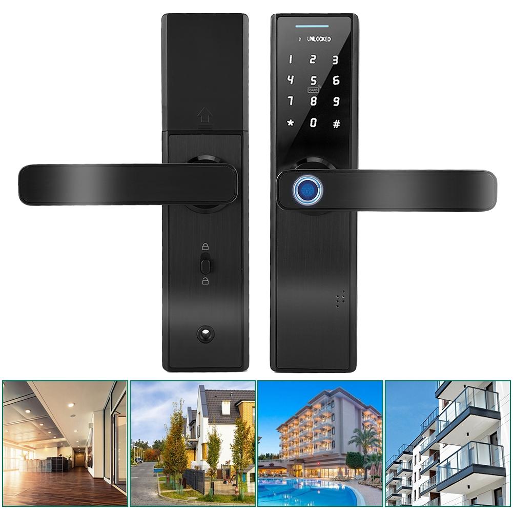 Electronic Smart Fingerprint Password Card Double Tongue Door Lock Touch Screen with Key(Black)