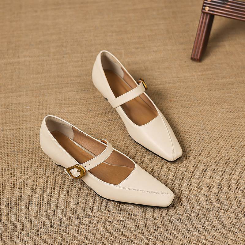 Krazing Pot Microfiber Square Toe Thick Med Heels Spring Summer Shoes Big Size 43 Metal Buckle Women Office Lady Pumps