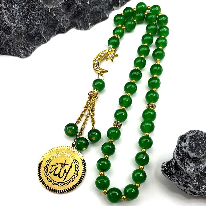 Arabischer Allah Gott Autoanhänger Edelstahl Goldfarbe Islamisches Muslimisches Amulett Grünes Glas Gebetsperlen Ketten Mond Stern Schmuck