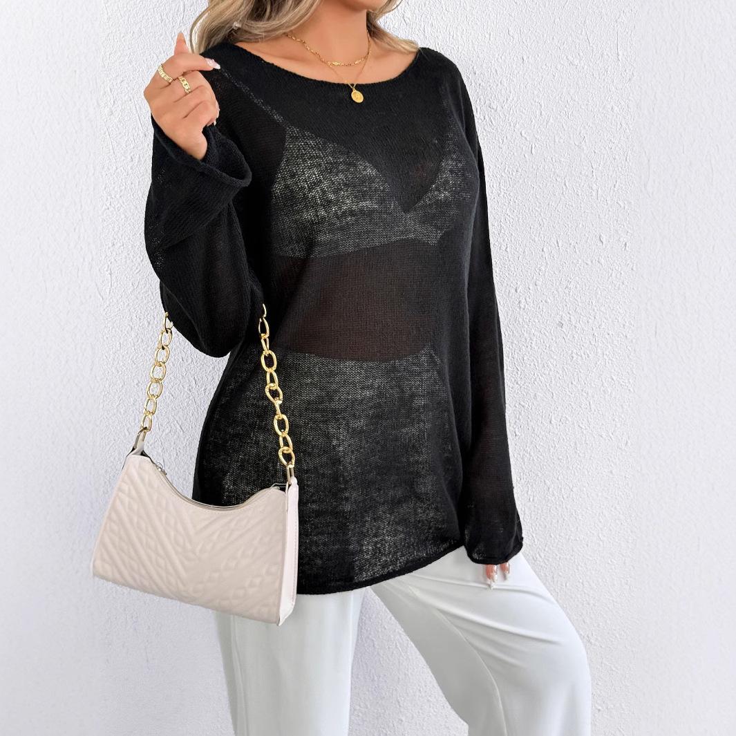 

Трансграничный повседневный свитер крупной вязки с прорезями: Женский легкий с рукавами-колокольчиками, круглым вырезом, однотонный M чёрный