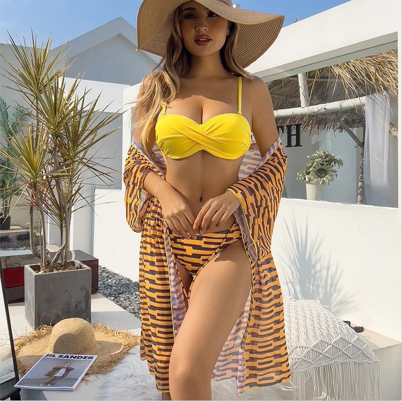 Women's Fashion Sexy 3 Pieces Sun Protection Swimwear Set Push Up Lace Up Back Top Briefs Long Sleeves Mesh Cover-Up Swimsuit Printed Bathing Suit