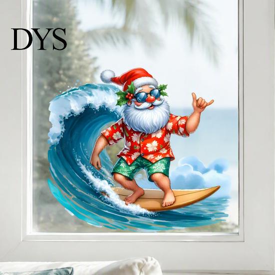 DIY Window Display Stickers Christmas Surfing Santa Claus Static Glass Sticker, Tropical Waterproof PVC Decal for Sunproof Surface Decals Home