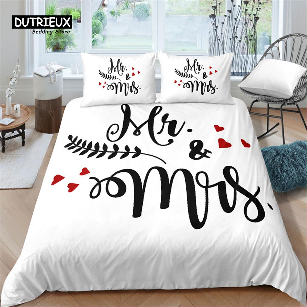 Mrs Mr Duvet Cover Romance Comforter Cover Microfiber White Bedding Set For Boys Girls Teens Adults Wedding Valentine Day Decor