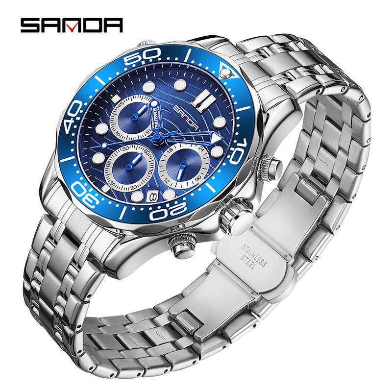 SANDA Brand Men's Quartz Watch Multi Functional Timing Waterproof Calendar Night Light Men's Stainless Steel Watch