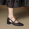 French Retro Soft Leather Square Head Woven Hollowed Mary Jane Shoes Women's 2025 New Middle Heel One-word Strap Single Shoes Women