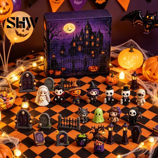 24-Tage-Box Halloween Adventskalender 2026, Countdown mit 2D-Flachgeschenken für Erwachsene Kinder Acryl-Mini-Figuren, Sammler-Überraschung Mädchen