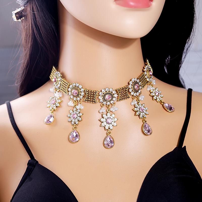 Bohemian Crystal Jewelry Set: Ethnic Tassel Necklace & Earring with Rhinestones