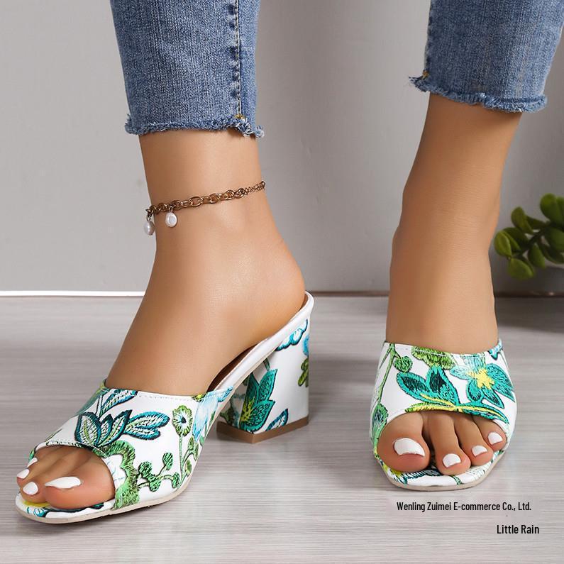 European & American Embroidered Open Toe High Heel Square Toe Sandals - Women's Plus Size, Chunky Heel, One-Strap Fashion Slippers