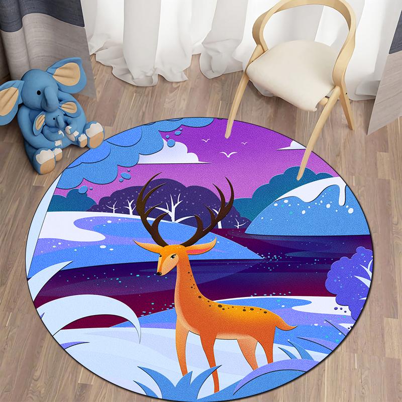 Floor Mat Living Room Rug Children's Crawling Play Area Mat Anime Carpet Door Mat Forest Fawn Round Rug