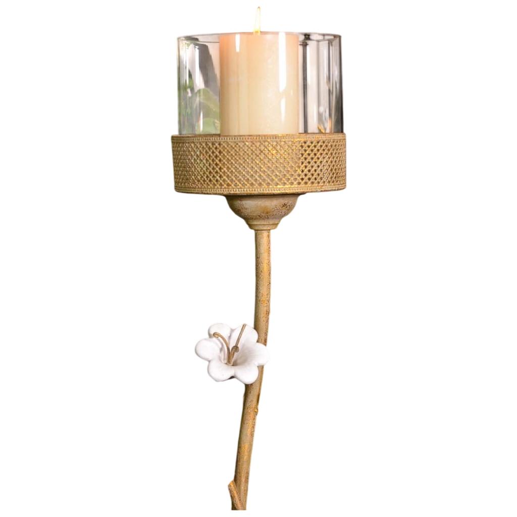Tall gold candlestick in glamour retro style with porcelain flowers 87cm