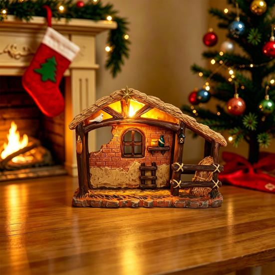 Christmas Nativity Scene Decor Manger House Ornament with Warm Lights, Retro Resin Stable Decorative Figures Figurine, Rustic Religious Display Props