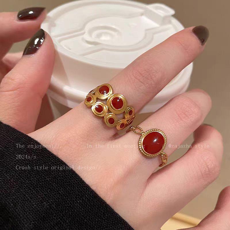 Ankola Red Love Drip Glaze Ring, Women'S Light Luxury Retro Index Finger Ring, High-End Feeling Stacked Ring