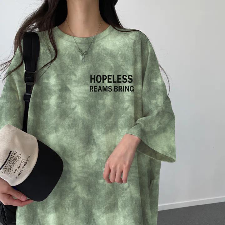 

Korean Tie-Dye Loose-Fit Letter Print Short-Sleeve Long T-Shirt Dress for Women, 2024 Summer Style, Casual and Slimming Extra Large хакі