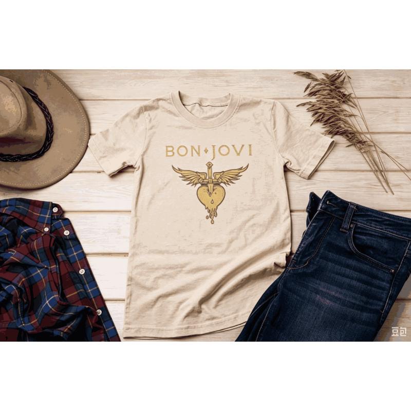 Maglietta Grafica della Band Bon Jovi Stampa Vintage Rock Musica Girocollo Manica Corta Oversize Unisex Casual Streetwear Top per Amanti del Rock Abbigliamento Quotidiano