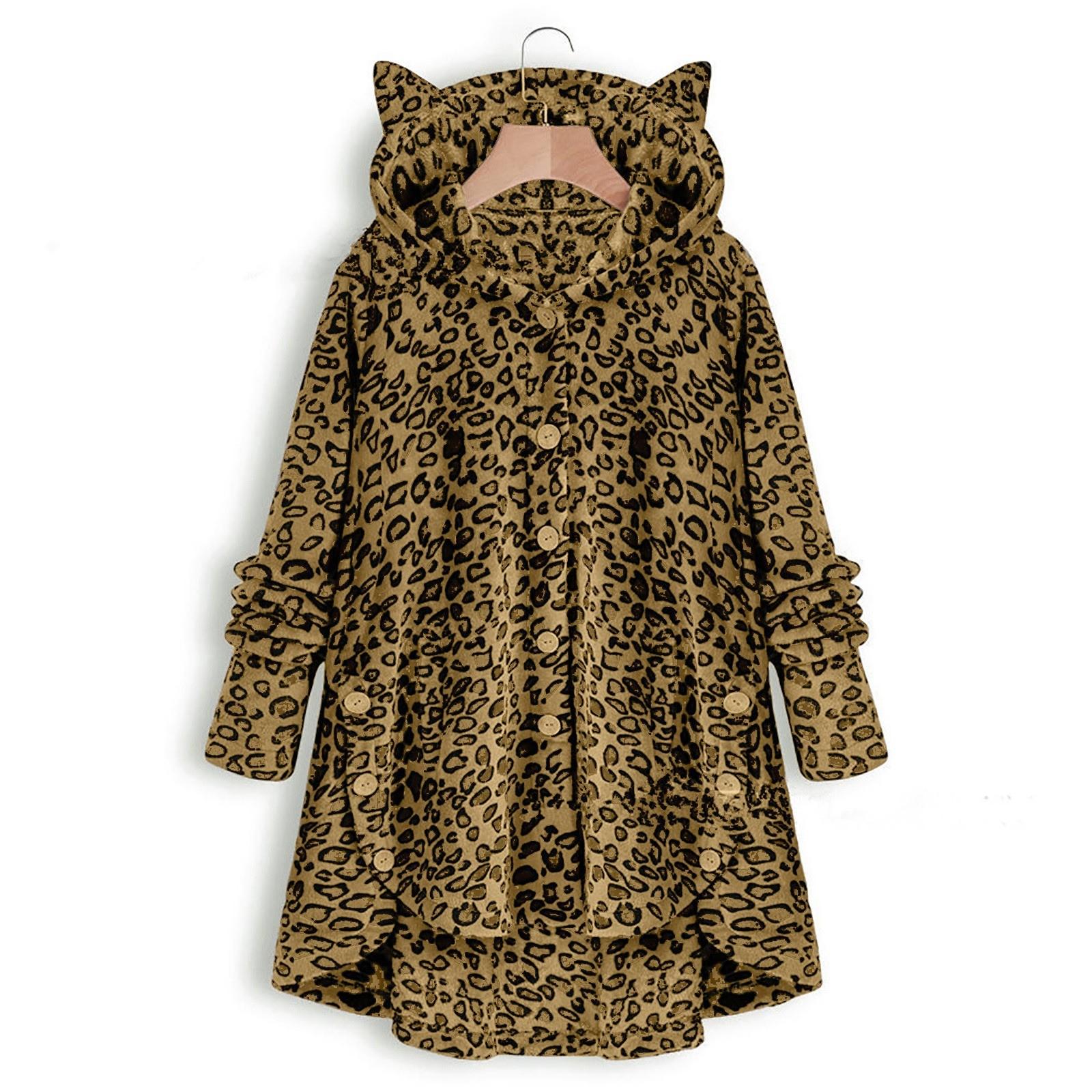 

Womens Fashion Button Hooded Ears Plush Irregular Soild Pocket Coat XL хакі