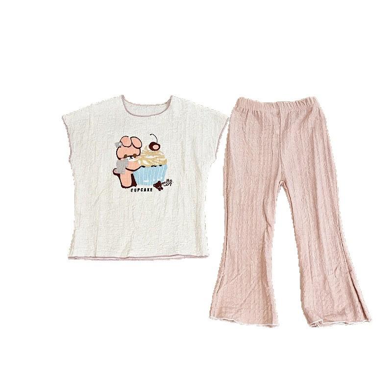 2025 Summer Girls' Bunny & Cat Print Bell Bottom Two-Piece Set