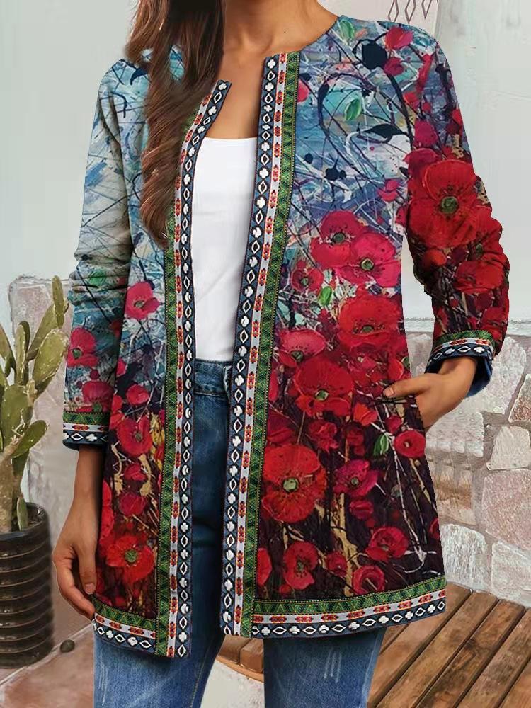 Women's Crew Neck Long Sleeve Cardigan Oversized Vintage Ethnic Print Plus Size Open Front Jacket Casual Outerwear