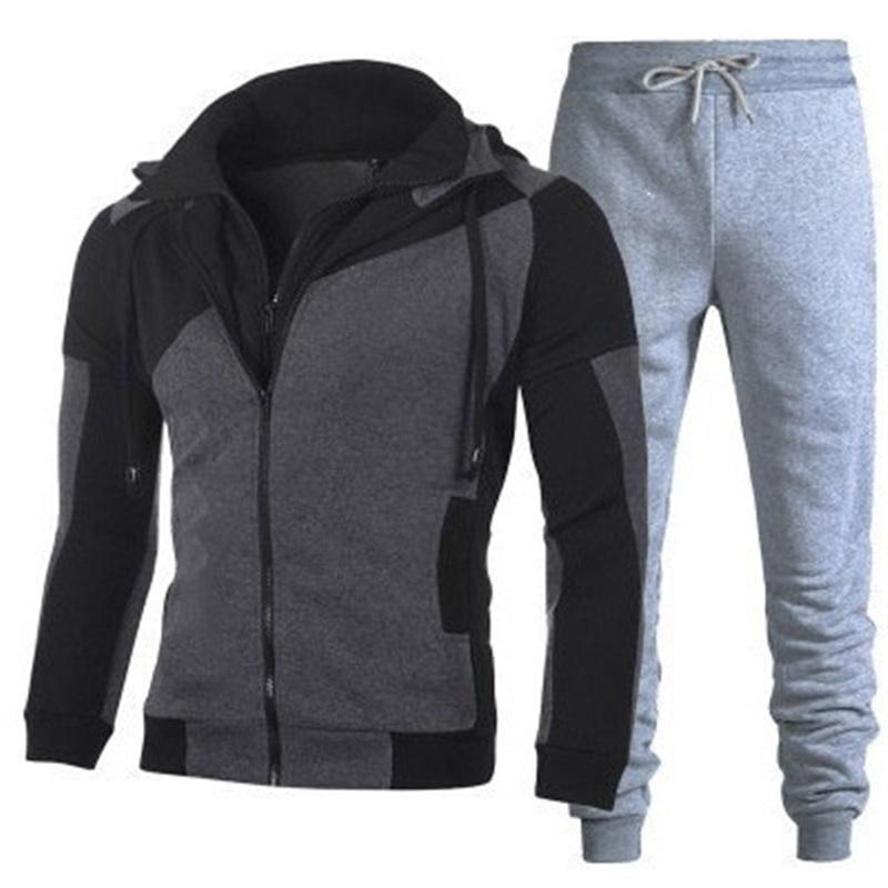 Men's Tracksuit 2Pcs Set Patchwork Color Hooded Jacket  Sweatpants Casual Sportswear Zipper Hoodie Jogger Pants For Men Daily Running Training