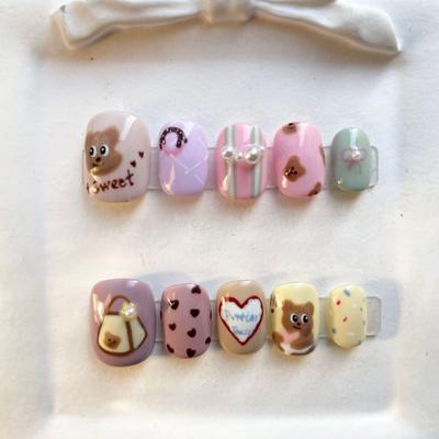 Cute Hand-Painted Press-On Nails Short Square Style Cat Eye Design Sweet Ins Aesthetic Nail Art Women