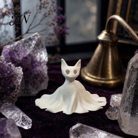 Unique Spooky Cat Display 3D Printed Ghost Statues, Halloween Haunted Kitten Figurines with Hollow Eyes Durable Statue & Flowing Drapes, Matte