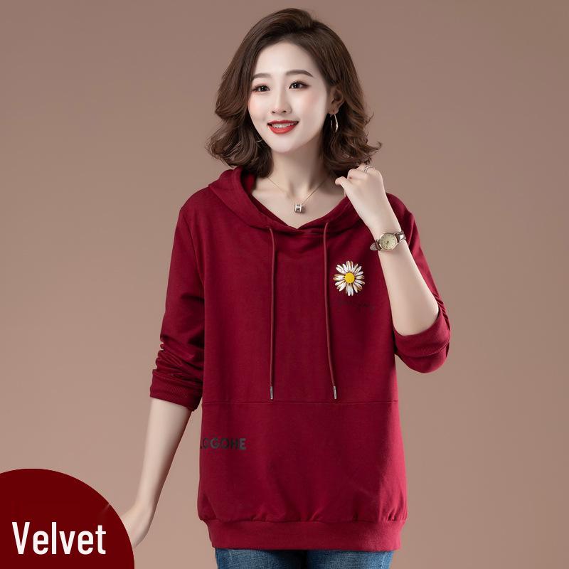 Women's Plus Velvet Hooded Sweatshirt: 2025 Autumn/Winter Loose Fit for Middle-Aged Moms (40+).