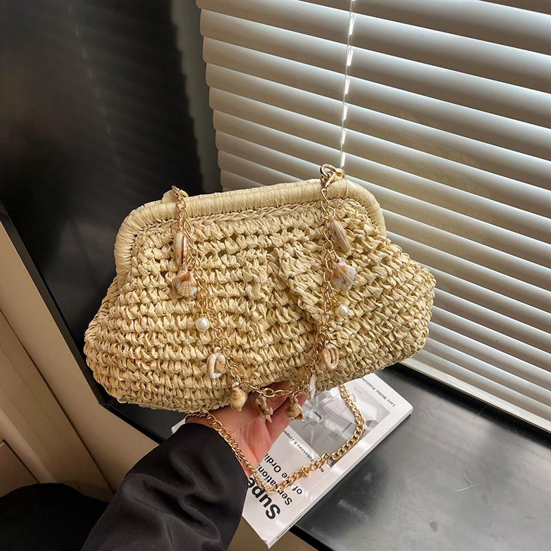 Yogodlns Summer Straw Weaving Crossbody Bag Fashionable Shell Bag Women's Chain Strap Shoulder Bag