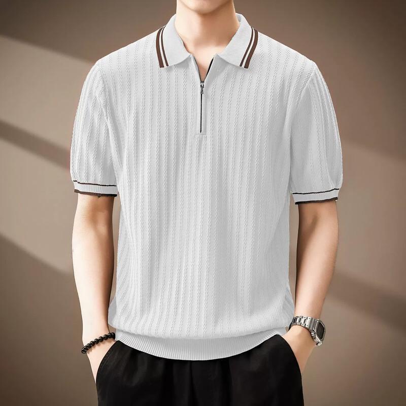 Men s Ice Silk Ripple Jacquard Knit Half-Zip Polo Shirt 3XL белый