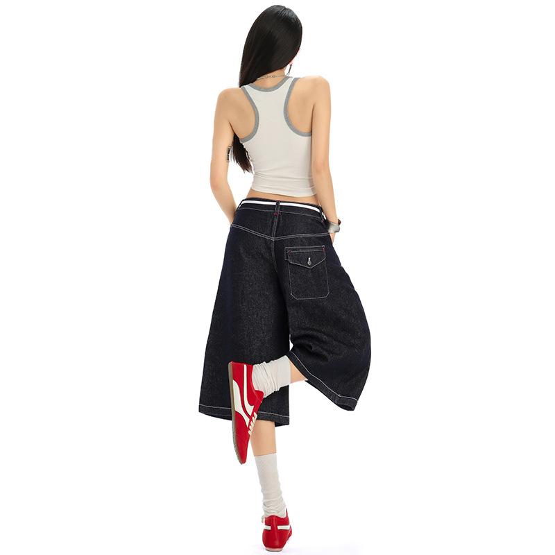 American Dark Blue Seven-point Jeans Women's Summer New High-waisted Loose Women's Wide-leg Casual Straight Pants