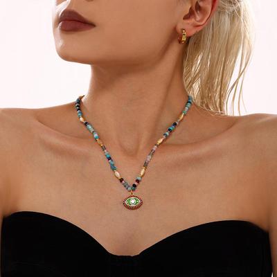 Qiong Yao Creative Evil Eye Beaded Necklace for Women – Ethnic Style with Natural Stone and Stainless Steel