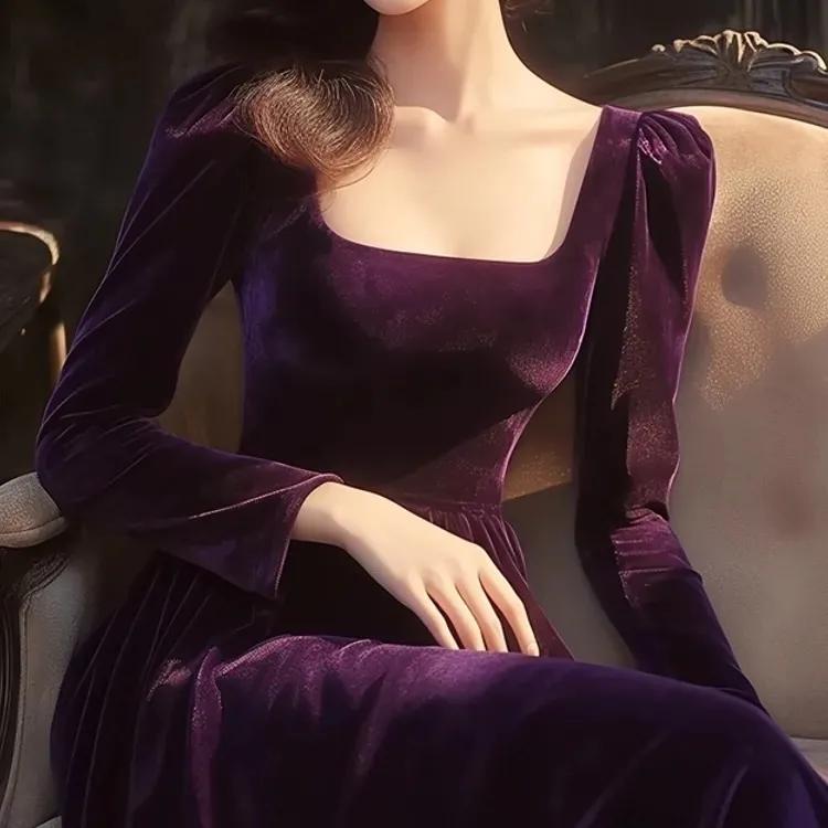 Popular and Beautiful French Hepburn Style, Light Luxury, High-end Sense, Thin Temperament, Purple Gold Velvet Dress, Female Autumn
