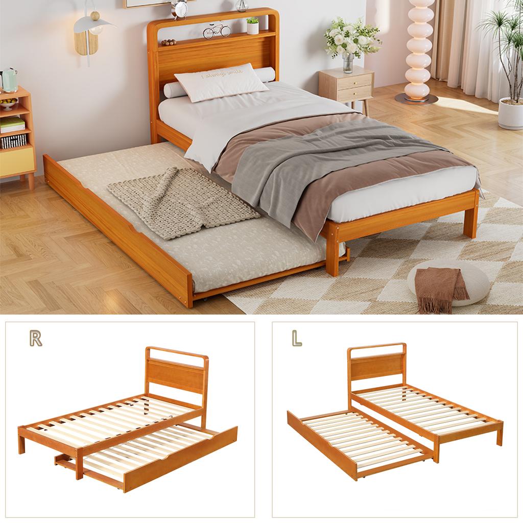 Letto in Legno 90x200 cm con Letto Estraibile 90x190 cm, Letto Funzionale con Letto Ospite Montabile a Sinistra/Destra, Testiera Arrotondata e Design Salvaspazio
