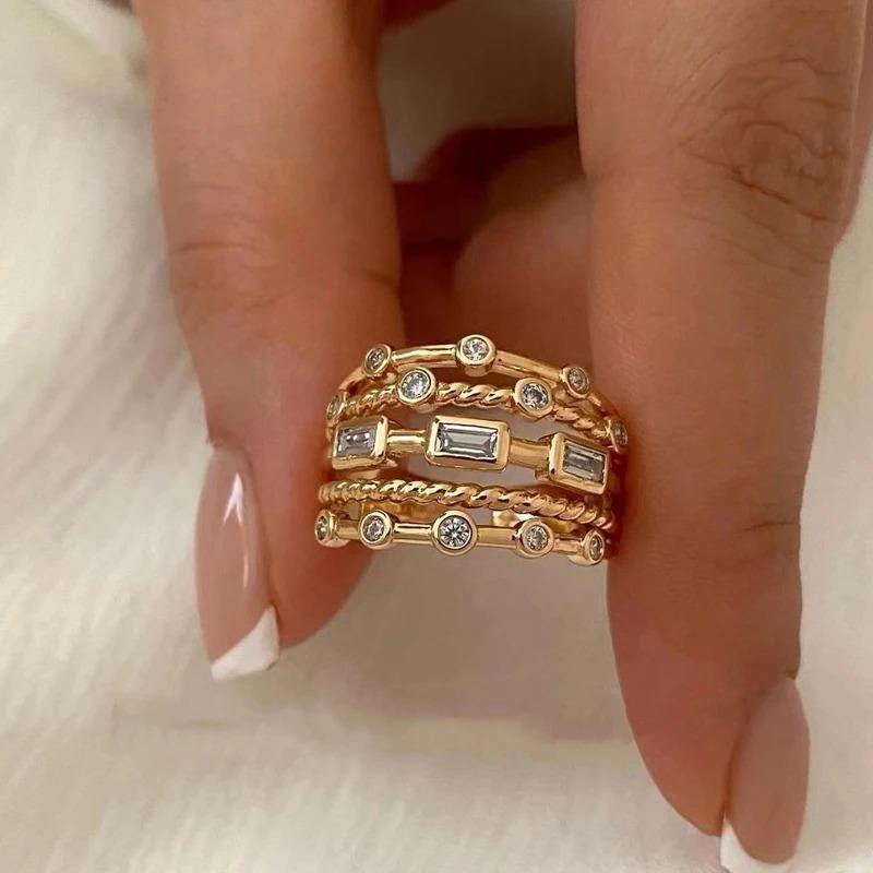 New Stainless Steel 18 K Gold Plated Sun Rings for Women Natural Stone Inlaid in Hollow Metal Texture Ring Trendy Jewelry