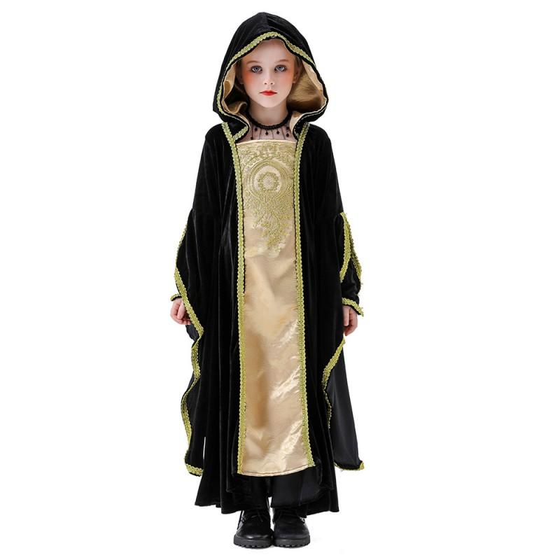 Medieval Queen Costume Kids Gothic Renaissance Dress Halloween Party Cosplay Outfit With Hooded Skirt