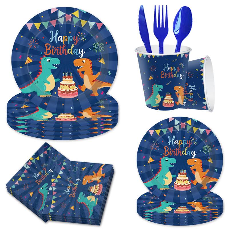 Blue Dinosaur Party Set Children'S Birthday Paper Plates Paper Cups Paper Towels Tableware Tablecloths Party Decorations