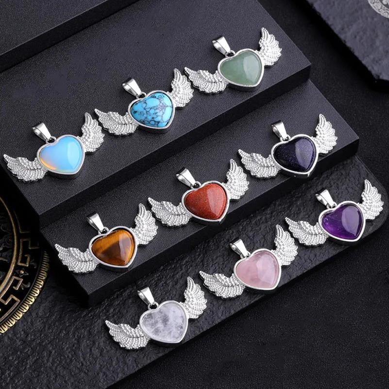 Natural crystal heart-shaped angel wings pendant necklace Heart Shaped Stone Pendants necklace Charms Crystal Chakra Beads DIY