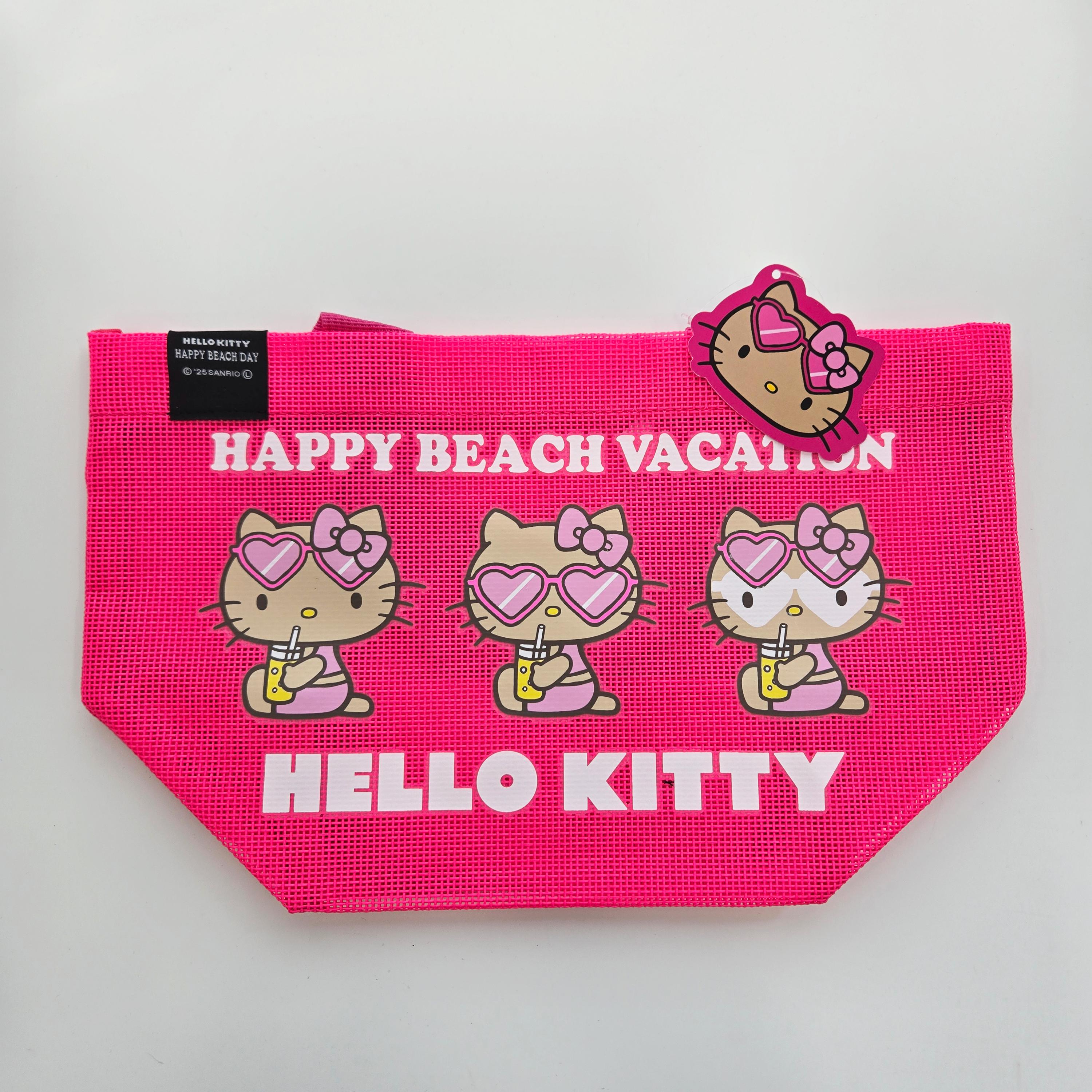 Official Sanrio Japan Licensed Hello Kitty Tanning Mesh Mini Beach Tote Bag – Summer Mesh Handbag PINK