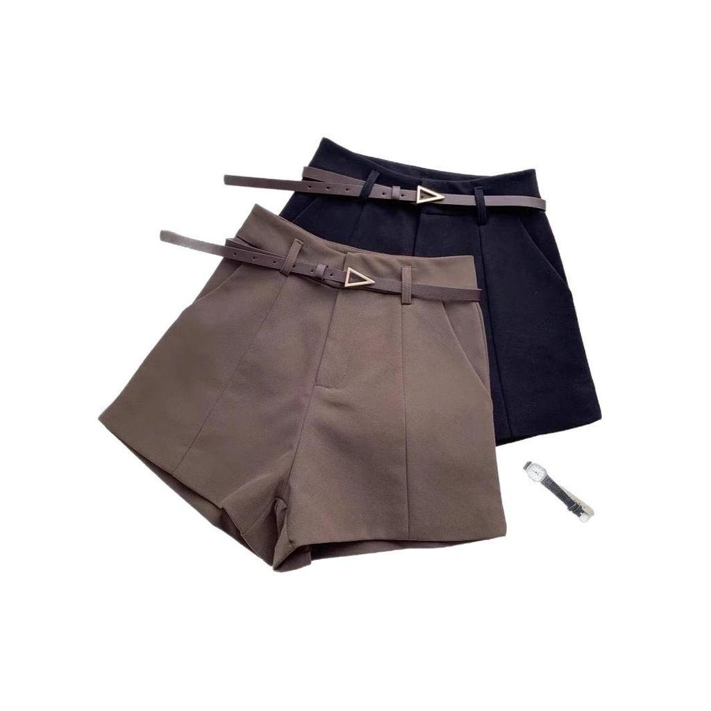 Spring 2025 Women's Apricot Belted Wide-Leg A-Line Suit Shorts - Versatile and Slimming Casual Outerwear