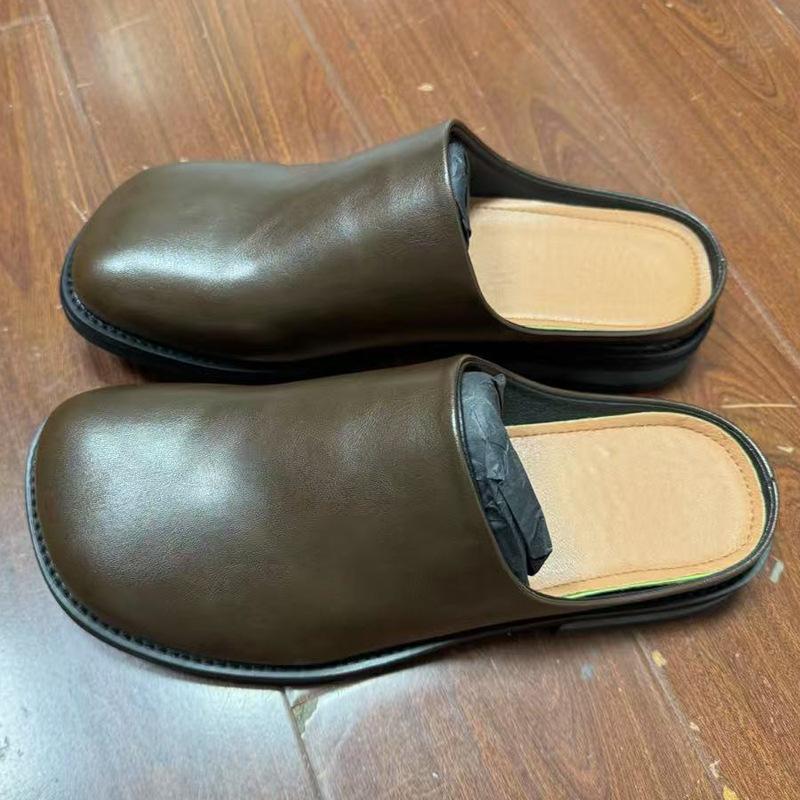 

Niche design Baotou half slippers men s flip fur round head half drag 91519 long hair brown, green, yellow -J 46