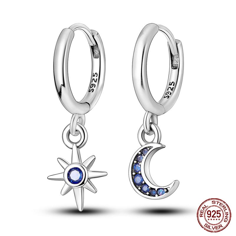 925 Sterling Silver Sparkling Cubic Zircon Star Moon Pendant Hoop Earrings for Women Luxury Wedding Anniversary Jewelry Gifts
