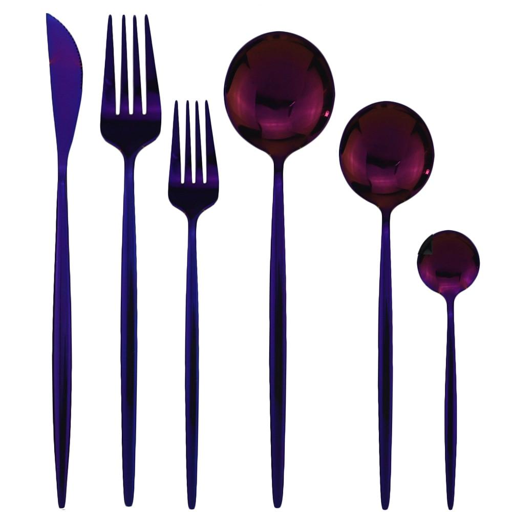 6Pcs One Set Mirror Stainless Steel Cutlery Set Gold Kitchen Tableware Set Knife Fork Spoon Dinner Set Silverware Dinnerware Set