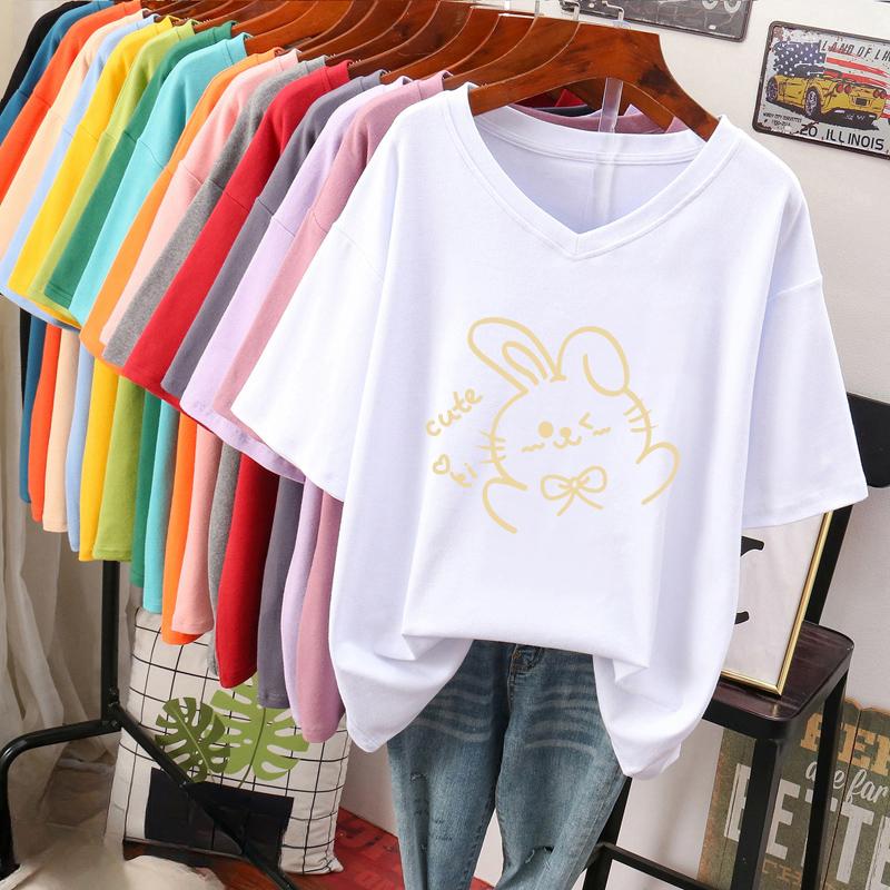 

Short-sleeved T-shirt for Women, Large Size, Loose and Slimming, Printed V-neck Top S білий