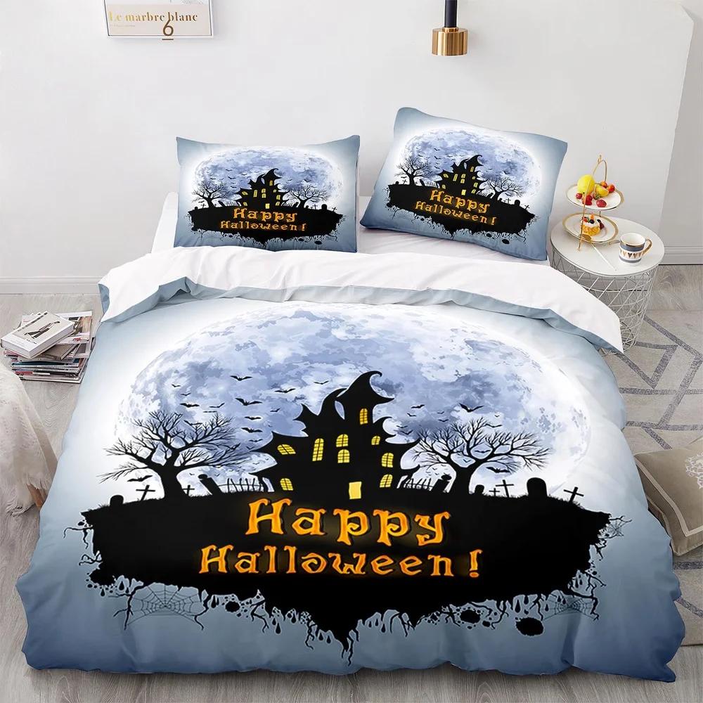 Halloween Bat Full Moon King Queen Duvet Cover Black Horror Night Bedding Set Kids Cartoon Quilt Cover Polyester Comforter Cover