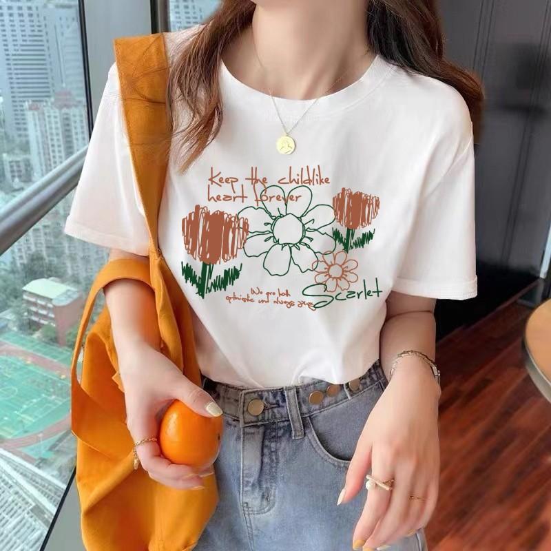 American Vintage Short Sleeve Pure Cotton T-Shirt 2026 New Women's Summer Loose Plus Size Trendy Printed Casual Round Neck Top