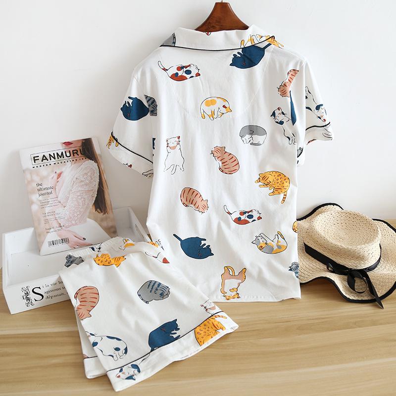 Summer Women’s Cute Japanese Cat Pajamas - Short Sleeve Cotton Cardigan & Shorts Set