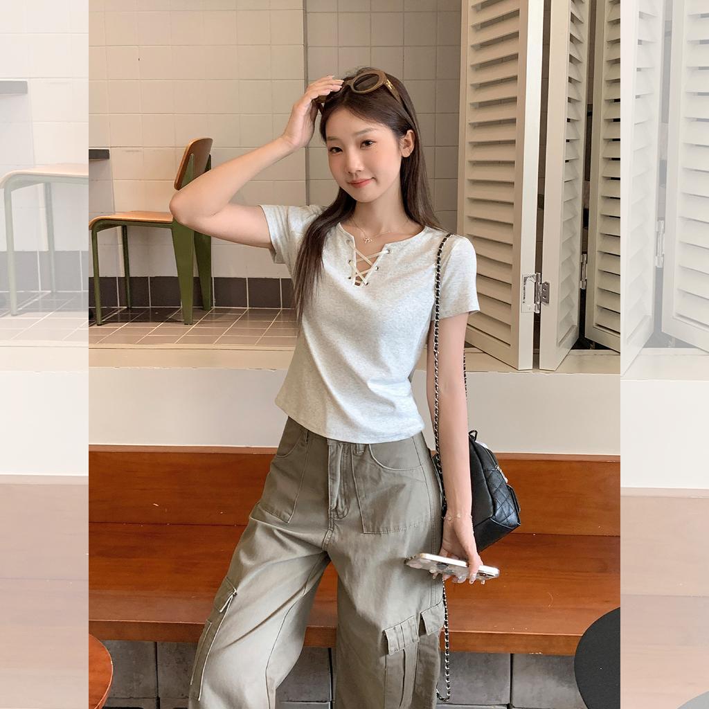 American Spice Girl Vintage Tether Shoulder Short Sleeve T-Shirt Women's Summer New Slim and Skinny Design Beautiful Top