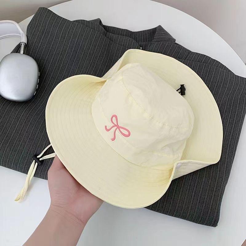 Fashion Y2K Bucket Hat For Women Girls Bow Embroidery Wide Brim Foldable Quick Dry Summer Sunscreen Hat Outdoor Hiking Camping
