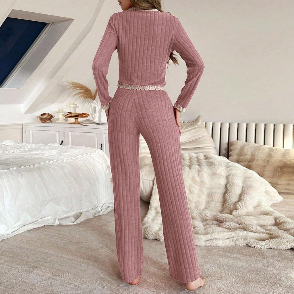 Spring autumn Women Cardigan Sleepwear solid lace Trim Pajamas Set casual sexy crop Tops and Long Trousers Loungewear Nightwear